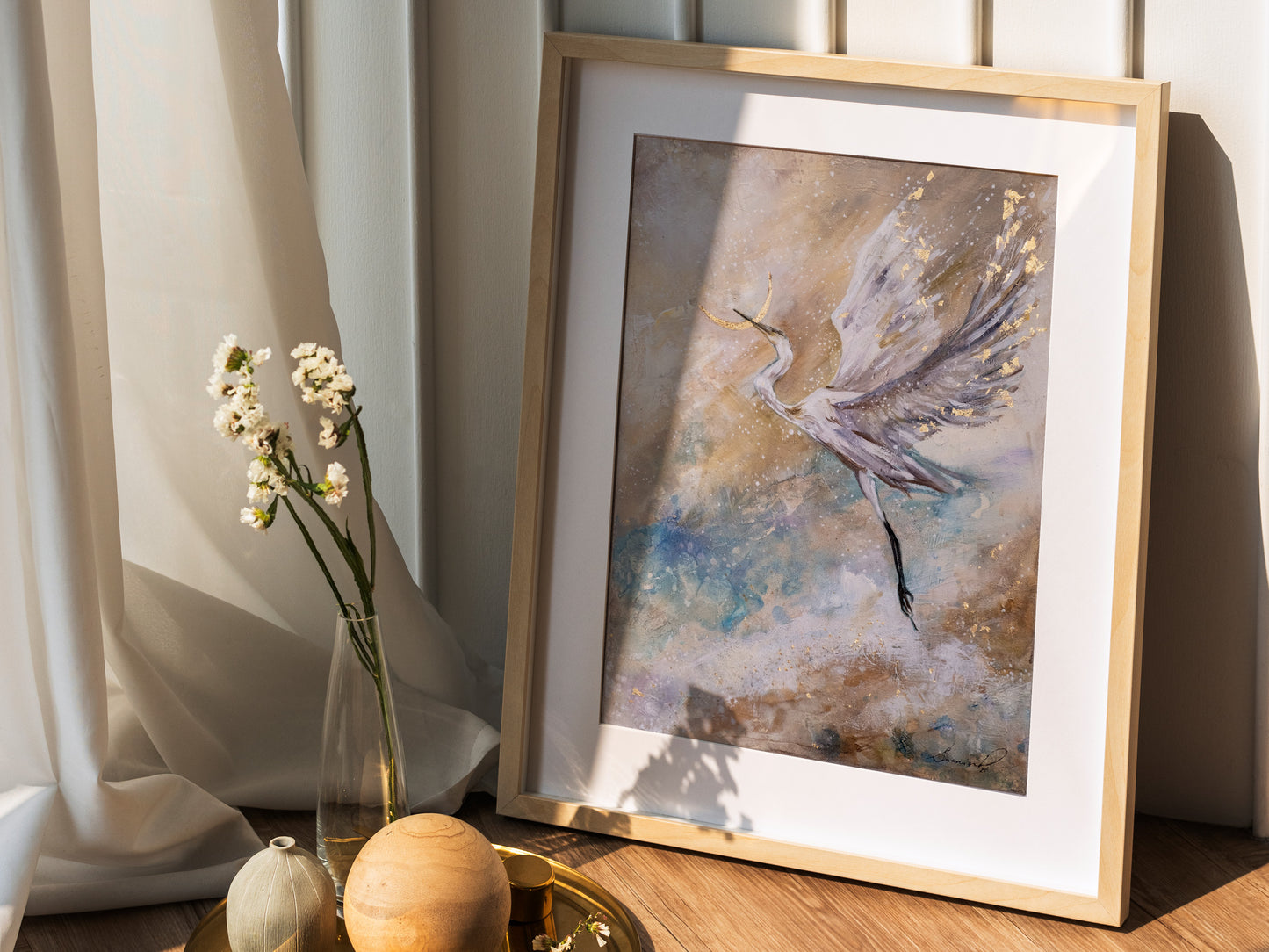 "Flying Crane " - Original Mix Media Painting