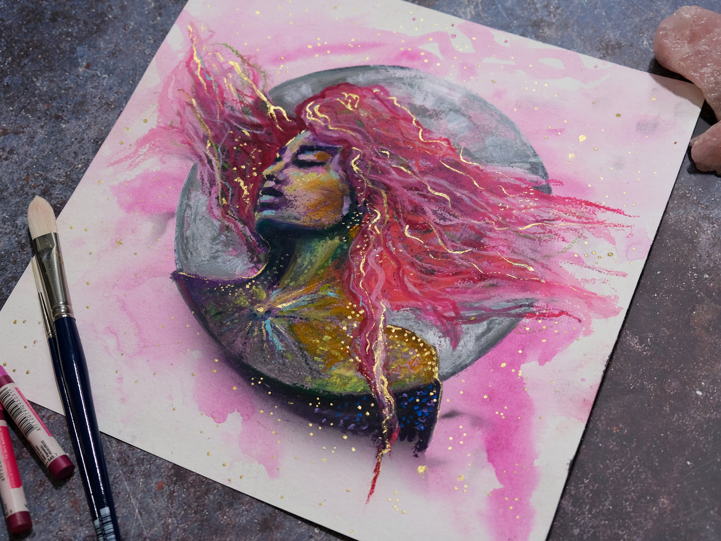 "Pink Moon" - Original Oil Pastel